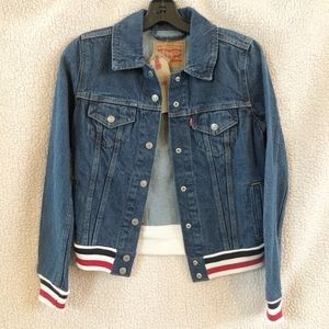 Levi's Women's Denim Jacket with Red and White Striped Cuffs